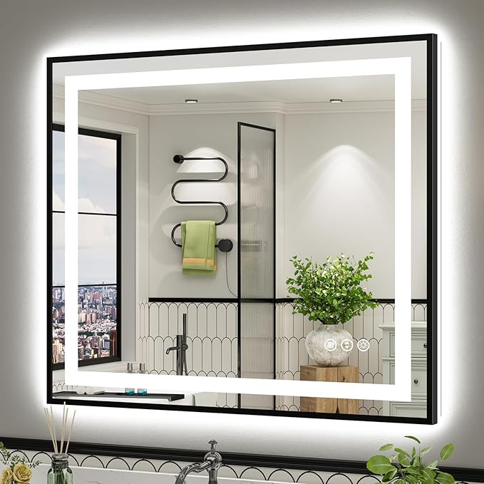 40x36 Inch LED Bathroom Mirror with Black Frame, Backlit & Front Lit, Anti-Fog Lighted Bathroom Vanity Mirror for Wall, Memory Function, Dimmable, HD Tempered Glass, Shatter-Proof