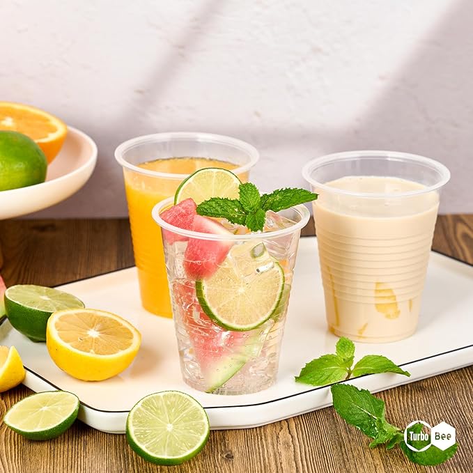 Turbo Bee 12oz Plastic Cups 300 Pack，Disposable Clear Drinking Cups for Home, School, Office & Events，Transparent Tumblers for Drinks, Samples & Commercial Use