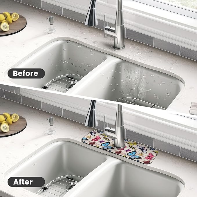 Butterfly Beautiful Vintage Butterflies Kitchen Sink Splash Guard Faucet Mat 1 Pcs, Absorbent Fast Drying Mat Gadgets Splash Guard For Bathroom 15 X 5.5 Inches