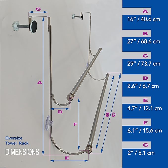 Insieme 29 x16 Inch Towel Rack for Over Glass Shower Wall or Glass Shower Enclosure (Frameless or Frames up to 1.6" Thick). Easy Do-It-Yourself Assembly - 2 Tier - Stainless Steel - No Rust