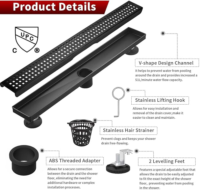 Sharp-tec Shower Drain, 28 inch Linear Shower Drain, Matte Black 304 Stainless Steel Rectangular Shower Floor Drain with Adjustable Leveling Feet, Hair Strainer, cUPC Certified, ST-112-28B