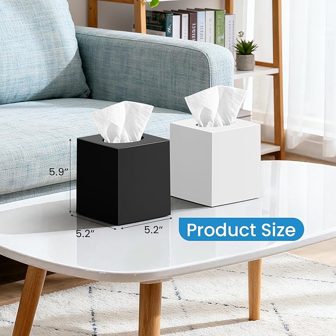 2 Pack Tissue Box Cover White, Square Acrylic Tissue Holder, Decorative Facial Tissue Box Vessel Cube Paper Organizer Dispenser for Bathroom Office, Night Stand, Desk, Car, Vanity, Countertops