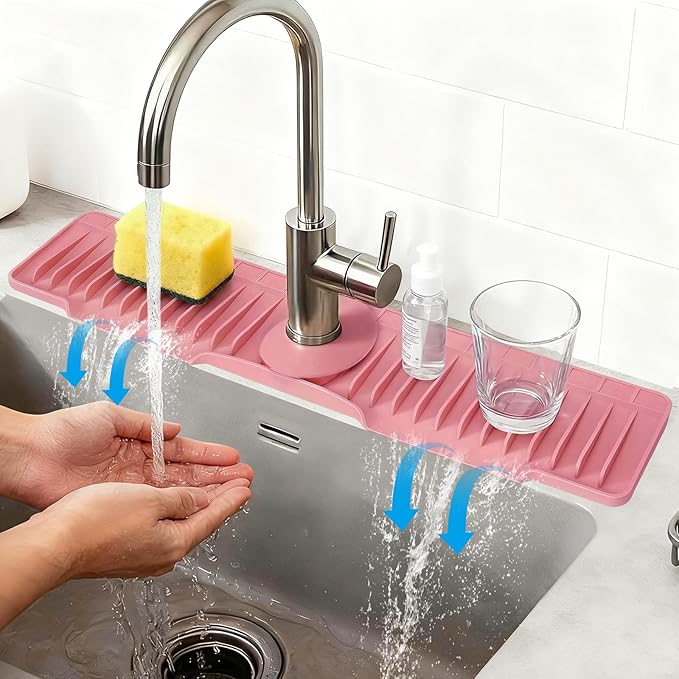 16" Silicone Faucet Mat for Kitchen Sink Released in 2026,8° Slope Fast Self-draining-Kitchen Sink Splash Guard,Bathroom Kitchen Sink Area Water Splash Guard Behind Faucet Draining Mat(Pink)