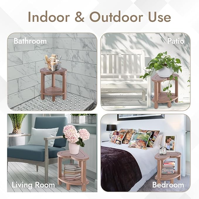 Corner Shower Stool for Inside Shower - Waterproof Corner Shower Bench, HDPE Plastic Bathroom Bench, Adjustable Height Corner Chair for Shaving Legs,Storage Shelf,Non-Slip Feet，Brown