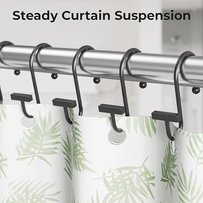 Shower Curtain Hooks, Black Shower Curtain Rings Rust Proof, 12PCS Shower Hooks for Shower Curtain, T-Bar Design Convenient Elegant Shower Curtain Hangers for Bathroom Kitchen Wardrobe
