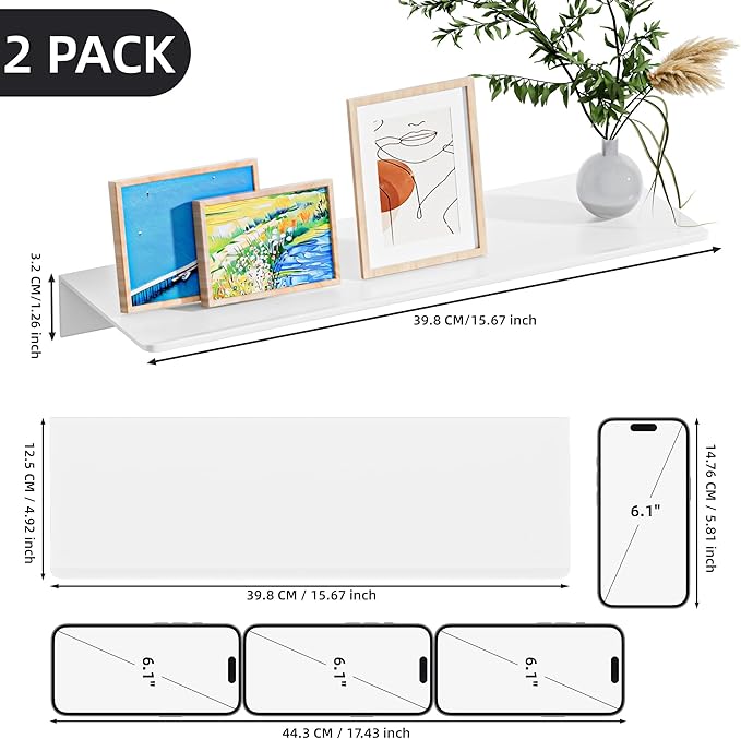 2-Piece White Metal Floating Shelves - Aluminum Alloy Wall Mounted Shelf No Drilling, Rust-Proof, 15.7" Width for Home Decor & Storage in Living Room, Bedroom, Bathroom