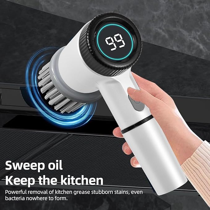 Irishom Electric Spin Scrubber with 5 Brush Heads, 3 Speeds Digital Display Handheld Cleaner for Kitchen, Bathroom, Pot, Pan (White)