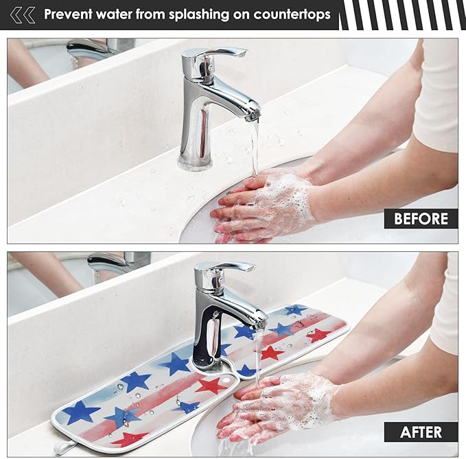 2 PCS Kitchen Sink Splash Guard 14.9 Inch Faucet Mat for Kitchen Sink Bathroom Sink Faucet Absorbing Drip Drain Mat Pad Microfiber Soft Washable White and Red Patriotic Striped Stars