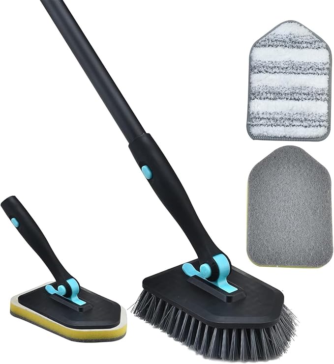 Shower Cleaning Brush with Long Handle, 3 in 1 Tub and Tile Scrubber Brush with 50.5'' Extendable Long Handle Detachable Stiff Bristles Scrub Brush for Cleaning Bathroom Kitchen Toilet Wall,Bathtub