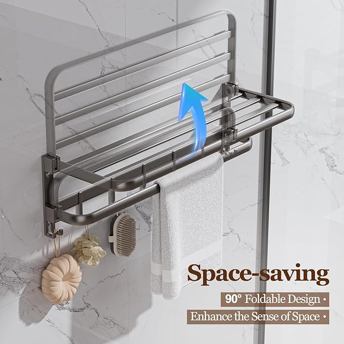 Towel Racks for Bathroom, 24inch Foldable Towel Holder with Double Towel Bars, Rustproof Towel Organizer Towel Hanger, Wall Mounted Bath Towel Shelf with 7 Hooks for Bathroom, Lavatory - Grey