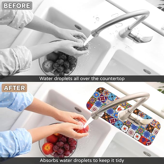 Kitchen Sink Splash Guard Faucet Mat Talavera Mexican Boho 1PC Absorbent Fast Drying Faucet Guard & Draining Mat Sink Splash Guard Behind Faucet Drip Catcher for Kitchen Bathroom RV (15.4" X 5.7" )