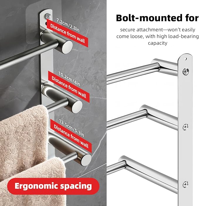 17-29inches Retractable Length Over The Door Towel Rack, 304 Stainless Steel Over The Door Towel Rack, Over Door Towel Holder with 3 Tier Towel Bars, Over Door Towel Storage for Bathroom