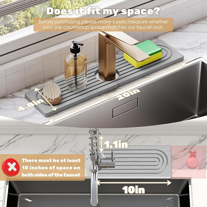 20''x4.8''Long Stone Faucet Mat for Kitchen Sink,Diatomite Quick Dry Kitchen Sink Splash Guard,Drying Stone Sink Tray,Super Absorbent,Sink Stone Quick Dry Around Faucet For Bathroom Counter-Light Grey