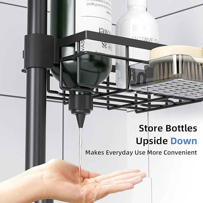GearFusion Shower Caddy Organizer Tension Pole, Rustproof 4 Tier Corner Shower Rack with 25–114 Inch Adjustable Height for Bathroom Storage, Extra Towel Rack, Soap Dish and Toothbrush Holder, Black
