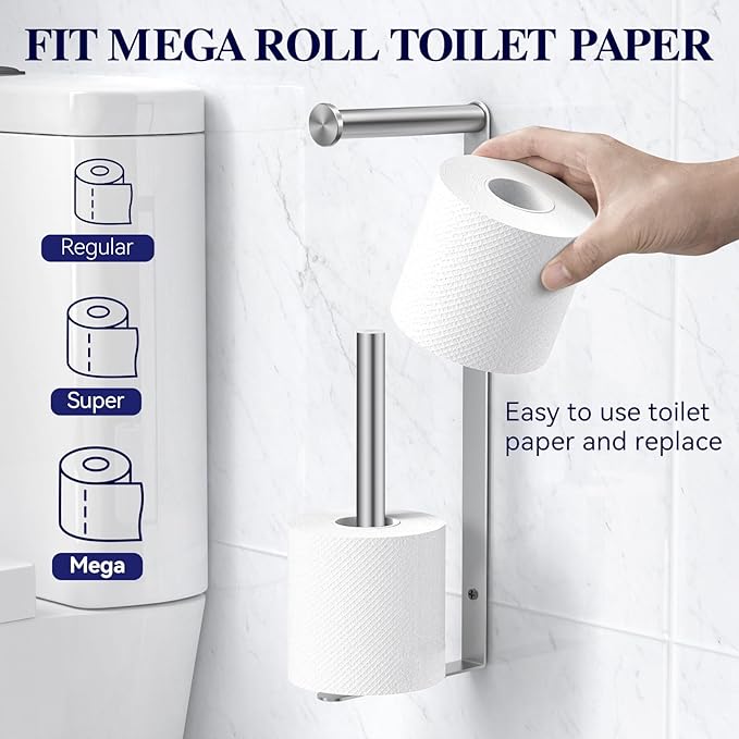 Longzon Brushed Nickel Toilet Paper Holder Wall Mount, Self Adhesive Toilet Paper Holder Storage for 3 Roll Tissue, Premium 304 Stainless Steel Stick On Toilet Paper Roll Holder for Bathroom, Silver