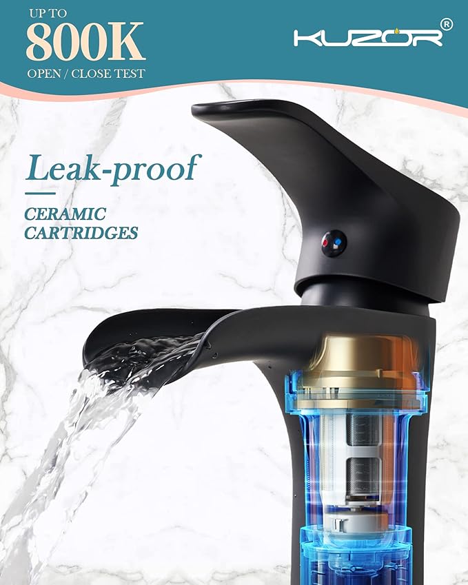 Matte Black Waterfall Single Hole Bathroom Faucet - Stainless Steel Vanity Sink Faucet with Metal Pop Up Drain, Quick Install Low Profile Design