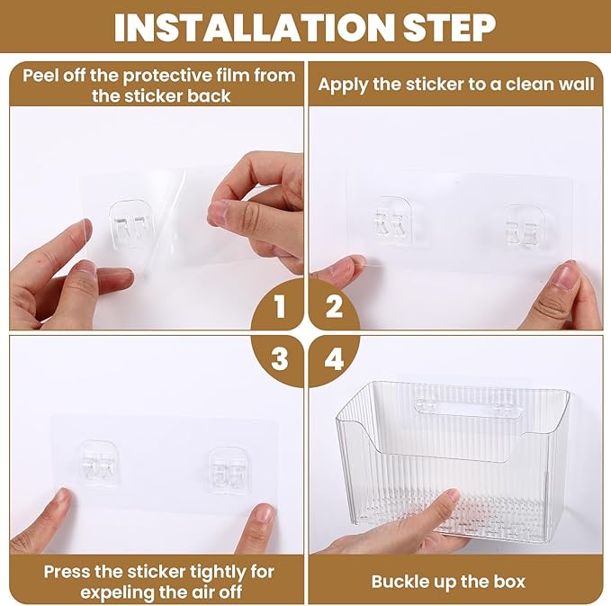 4 Pcs Storage Organizer Bins, Wall Mounted Shower Basket, Shower Caddy Stackable, Clear Plastic Makeup Organizer, Adhesive Hanging Bin for Bathroom, Kitchen, Pantry