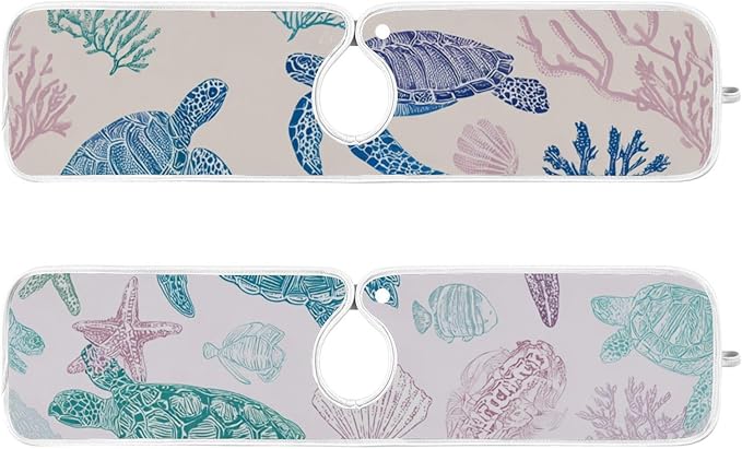 Sink Faucet Absorbing Mat Kitchen Sink Splash Guard Splash Faucet Drip Catcher for Bar RV Bathroom 2PCS 30x5.5in Line Turtles Starfish and Coral