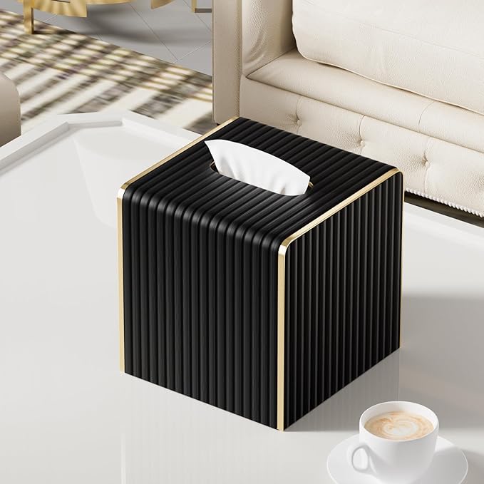 Tissue Box Cover,Black Square Luxury PU Leather Tissue Holder with Gold-Tone Edging Accents,Tissue Box Cover for Bathroom Toilet Bedroom Living Room Table Desk Office,Coffee Table Decor