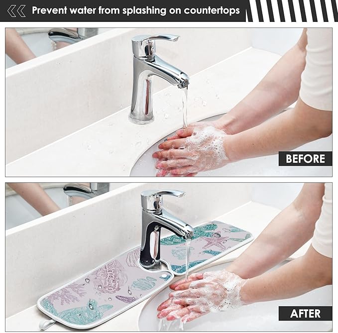 Sink Faucet Absorbing Mat Kitchen Sink Splash Guard Splash Faucet Drip Catcher for Bar RV Bathroom 2PCS 30x5.5in Line Turtles Starfish and Coral