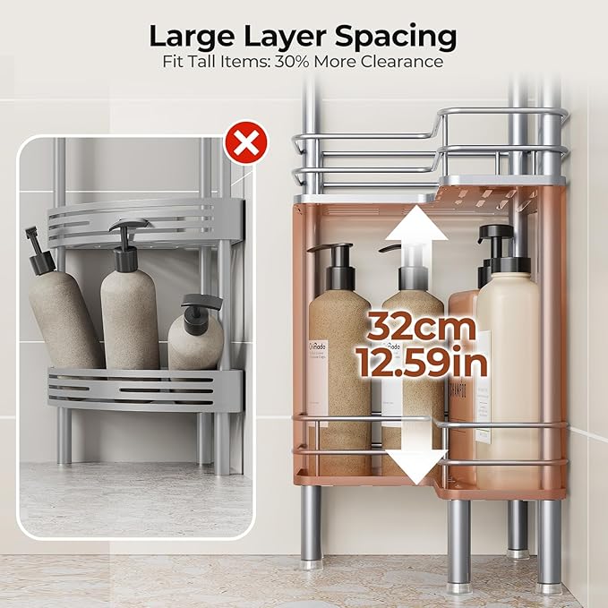 Orimade Rustproof 4 Tier Floor Standing Corner Shower Caddy Organizer with Toothbrush Holder, Large Spacing Floor Shower Shelf Rack Storage Stands with Hooks for Bathroom Kitchen, Silver