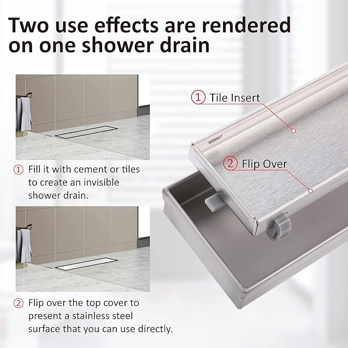 36 Inch Linear Shower Drain with Tile Insert Grate,SUS304 Stainless Steel Floor Drain with Ajustable Leveling Feet and Hair Filters,Apply to Any Applications for the need of Waterproofing and Drainage