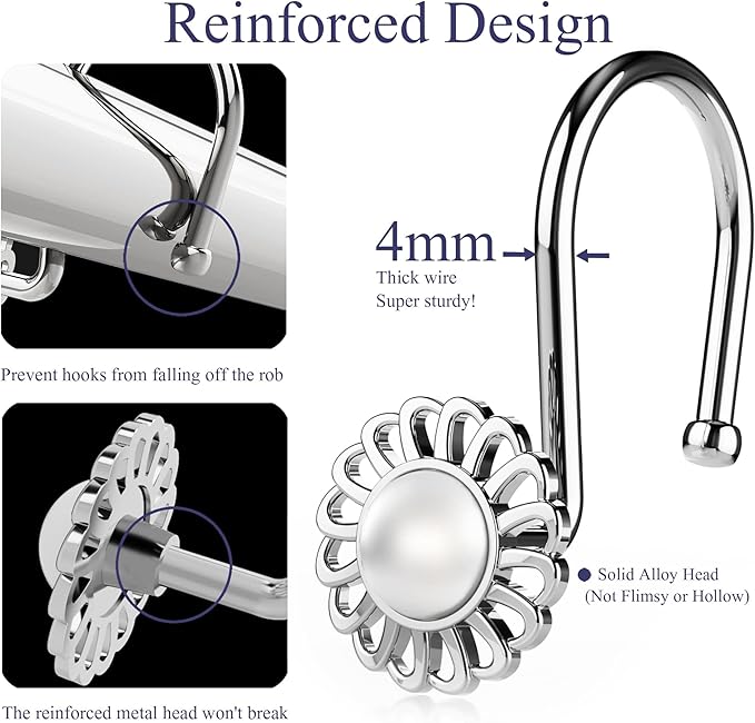 Silver Shower Curtain Hooks Rings, Decorative Shower Curtain Hangers, Heavy Duty Metal Shower Rings, Sunflower Shower Hooks for Shower Curtain Rod and Liner, Bathroom Curtain Hooks, Chrome, iToplin