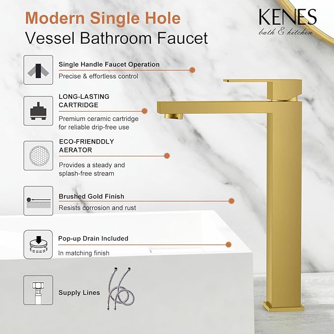 KENES Brushed Gold Tall Bathroom Faucet, Single Handle Vessel Sink Faucet Gold Vanity Bathroom Faucet with Supply Lines and Pop Up Sink Drain, LJ-9031A-4