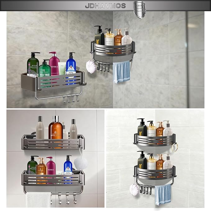 Suction Cup Shower Caddy - No Drilling Removable, Corner Shower Shelves - Aluminum Rustproof, Corner Shower Caddy with Towel Bar & Hooks for Bathroom Organizer (2-Pack Gunmetal Gray)