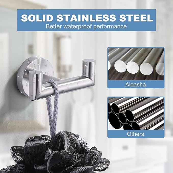 ALEASHA Shower Towel Hook Brushed Nickel, Stainless Steel Towel Hanger, Heavy Duty Double Towel Hook, Towel Holder for Bathroom, Wall Mount Robe Hook