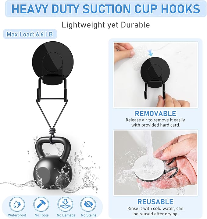 VIS'V Shower Suction Cup Hooks, Heavy Duty, Removable and Reusable, Double Hooks, Black, 2 Pcs