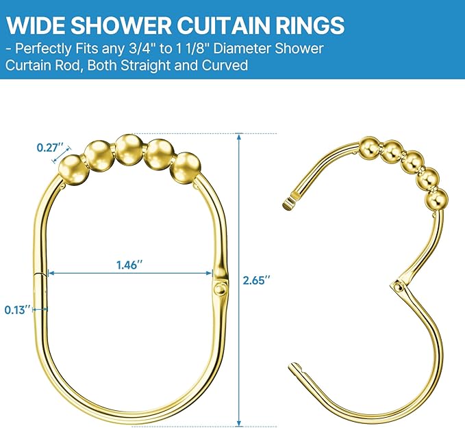 12PCS Wide Shower Curtain Hooks, Rust Proof Stainless Steel Shower Curtain Rings, Heavy Duty Shower Hooks for Shower Curtain Bathroom Curtain Hooks, Easy Glide Rollers, Set of 12, Gold
