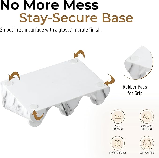 DOXOLOGY White Marble Soap Dish Bathroom Organizer - Resin Soap Dish with Rectangular Design 3.7" L x 2.8" W - Self Draining Soap Dishes Keeps Countertop Neat - Marble Look Soap Tray for Sink