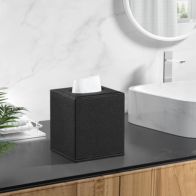 PU Leather Tissue Box Cover Square Tissue Box Holder with Magnetic Closure, Decorative Tissue Holder for Bathroom Bedroom Office (Black)