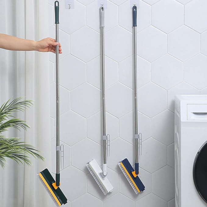 2 in 1 Floor Brush Scrubber, 180 Degree Rotating Long Handle Grout Brush Stiff Bristle Tile Brush for Cleanse Bathroom Kitchen (White)
