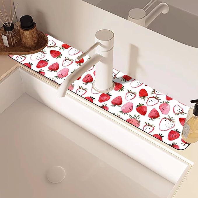 Watercolor Strawberry Kitchen Sink Splash Guard Absorbent Fast Drying Mat Faucet Draining Guard Behind Faucet Drip Catcher for Kitchen Bathroom 5.5"24