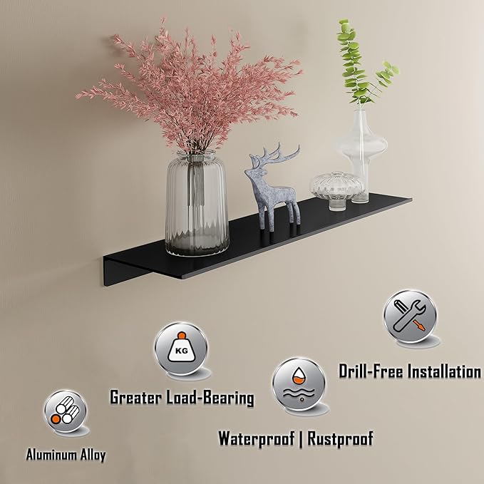 Black Metal Wall Shelves, 15.7" (W), No Drilling, Adhesive Floating Wall Shelf for Living Room, Bedroom, Bathroom, Aluminium Shower Caddy (2 PCS)