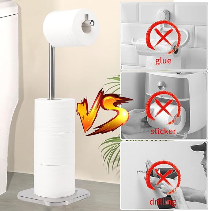 Toilet Paper Holder Stand, Free Standing Tissue Paper Storage for Bathroom, Stainless Steel Toilet Paper Stand with Reserve for 5Roll Weighted Base Bathroom Toilet Roll Holder(Brushed Nickel)
