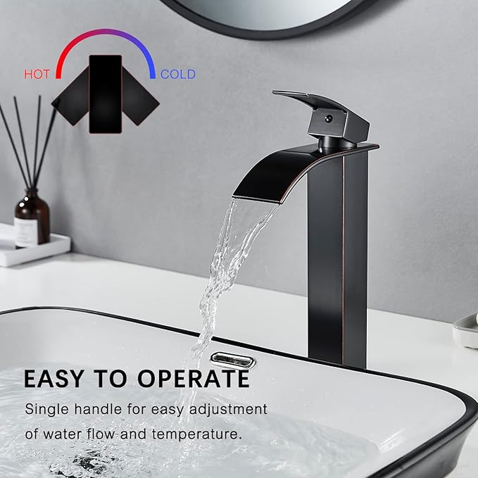 VOTON Vessel Sink Faucet Oil Rubbed Bronze Modern Tall Waterfall Bathroom Sink Faucet with Pop-Up Drain Single Handle Bathroom Faucet 1 Hole Bowl Lavatory Vanity Faucet Rv Sink Camper Farmhouse Faucet