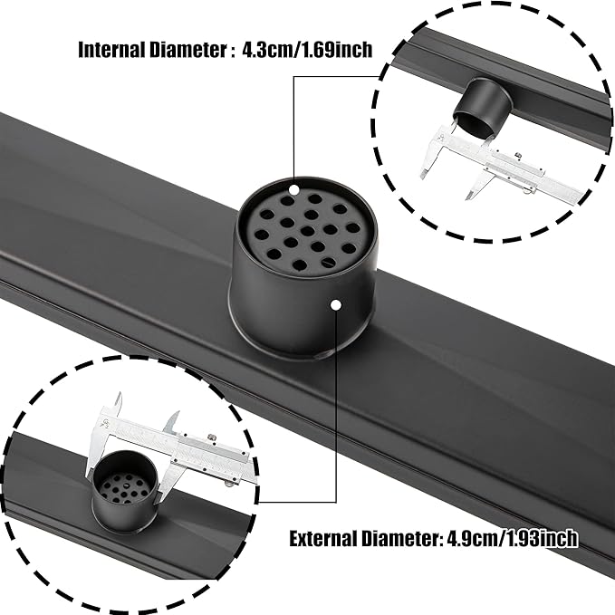 28 inch Linear Shower Drain with Removable Square Hole Panel by Using 304 Stainless Steel Process, Linear Drain Equipped with Adjustable Feet and Hair Strainer（Matte Black Color）