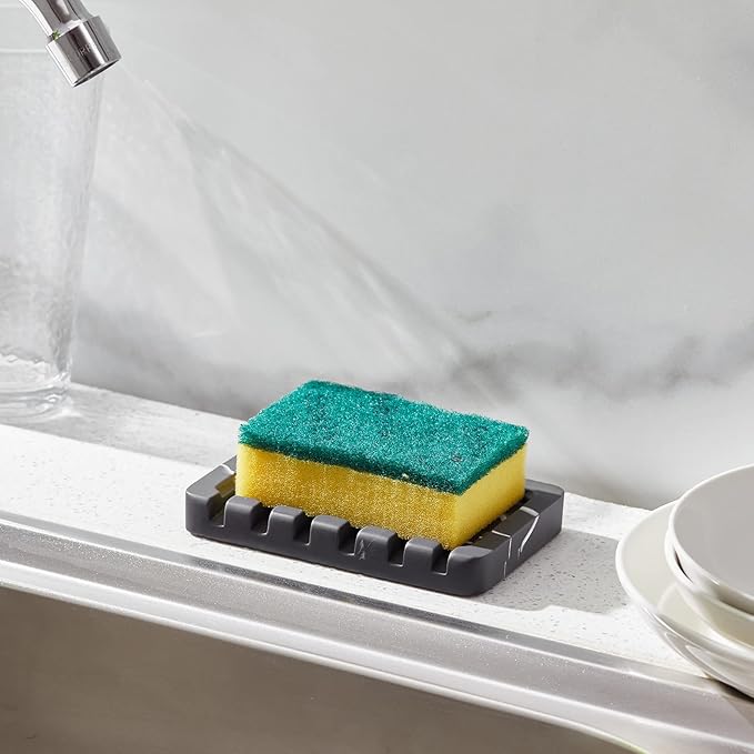 Self Draining Soap Dish - Marble Look Soap Holder Tray Savers Box Container Sponge Holder for Bathroom Shower Kitchen, Black