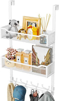 SWTYMIKI Over The Door Hook with 16 Hooks & 2 Mesh Baskets - Heavy Duty Over The Door Organizer Hanger for Towels, Coats, Clothes - Space Saving Hanging Rack for Bathroom, Living Room, White