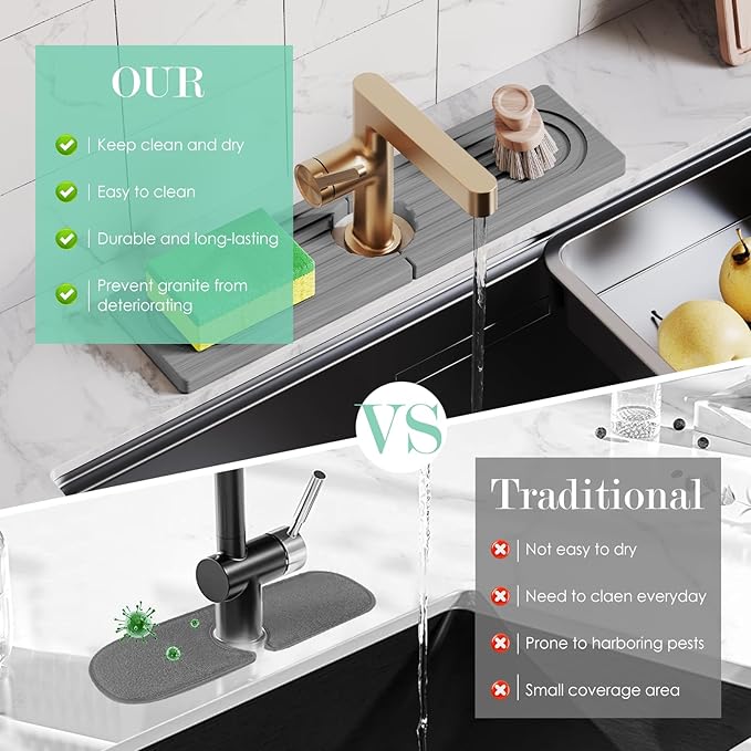15.7'' Long Stone Faucet Mat for Kitchen Sink-Diatomite Quick Dry Kitchen Sink Splash Guard,Super Absorbent,Drying Stone Sink Tray,Sink Stone Quick Dry Around Faucet For Bathroom Counter (Dark Gray)