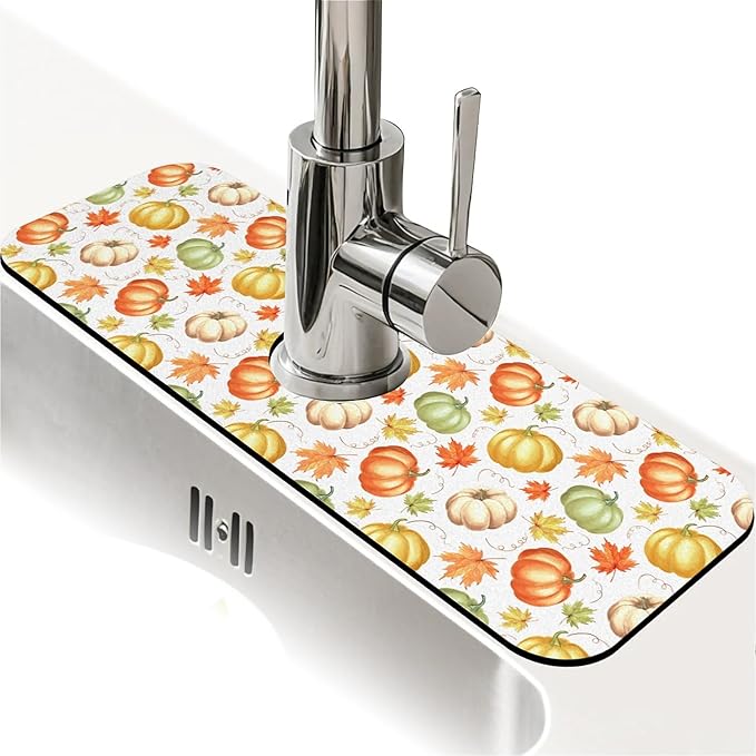 Faucet Draining Mat For Kitchen Sink, Maple Pumpkin Diatom Mud Absorbent Drain Pad For Bathroom Kitchen Sink Splash Guard Drying Mat