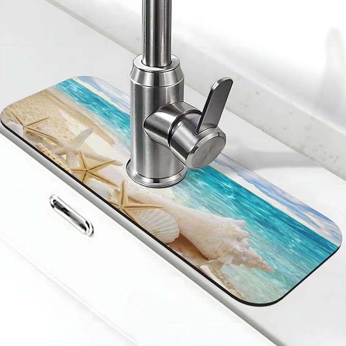 Beach Starfish Seashell Shell Summer Kitchen Sink Splash Guard Faucet Mat Super Absorbent Fast Drying Mat Sink Gadgets-Fast Drying Pad Sink Mat For Kitchen Bathroom (15" X 5.5" )