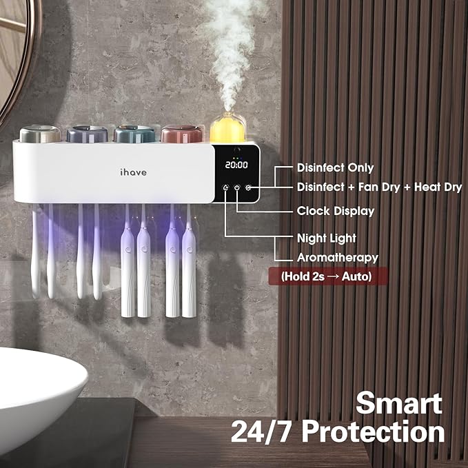 iHave Toothbrush Holders Wall Mounted with Toothbrush Sanitizer & Aromatherapy Diffuser | Auto-Cycle Disinfection, Heated Fan Drying, USB Rechargeable, IR Night Light,LED - 4 Cups Bathroom Organizer