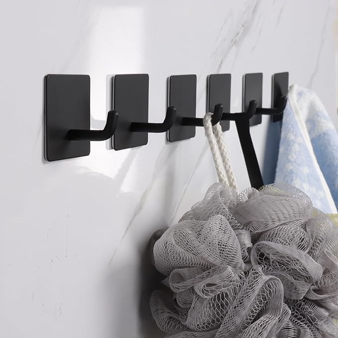 Bath Towel Hooks - 6 Pack Strong Self Adhesive Coat/Clothes Hooks, No Drilling Sticky Hooks, Heavy Duty 304 Stainless Steel Shower Wall Hook for Bathroom Kitchen Bedroom(Matte Black)