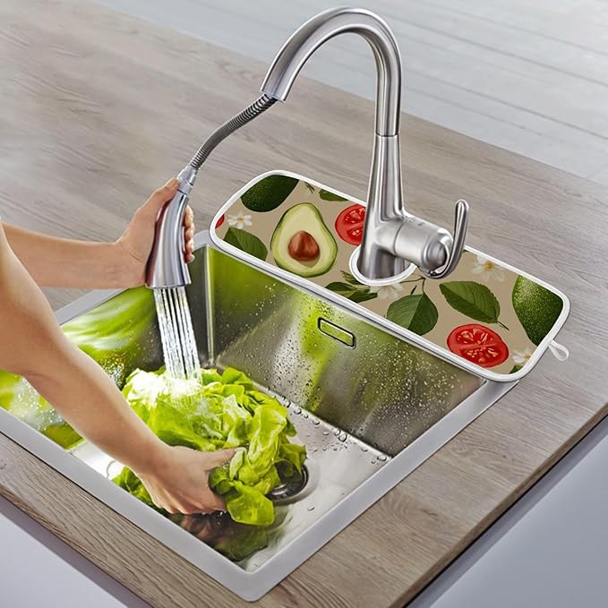 2 PCS Kitchen Sink Splash Guard 14.9 Inch Faucet Mat for Kitchen Sink Bathroom Sink Faucet Absorbing Drip Drain Mat Pad Microfiber Soft Washable Green Avocado Tomato Leaves