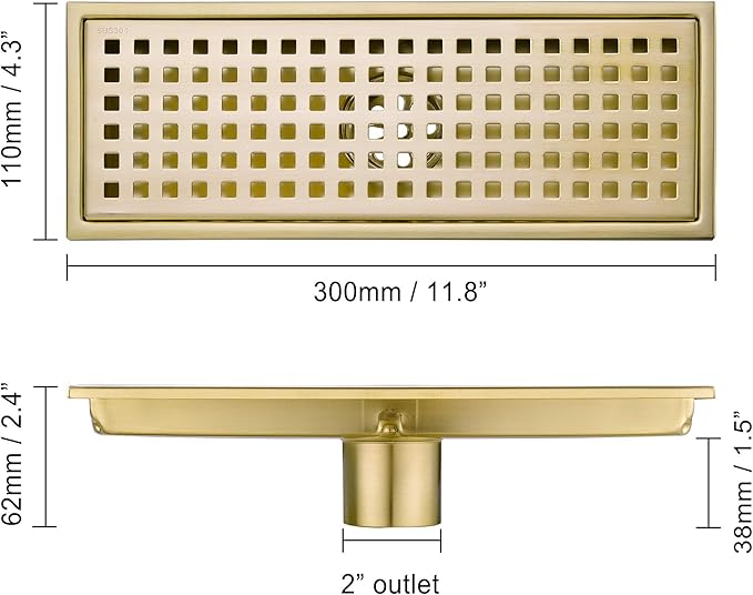 12 inch Stainless Steel Linear Shower Floor Drain with Threaded Adapter, Removable Cover Grid Grate, Brushed Gold Finished