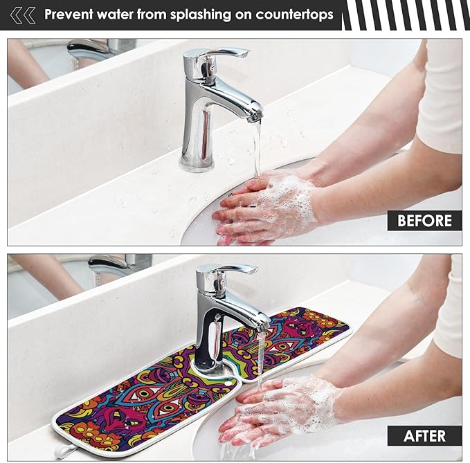 Sink Faucet Absorbing Mat Kitchen Sink Splash Guard Splash Faucet Drip Catcher for Bar RV Bathroom 2PCS 23.6x5.5in Mandala Pattern Purple and Orange
